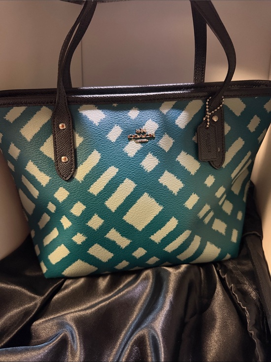 Coach Handbags - NWOT Coach Geometric Mini Tote Bag Zip-Top in Teal/White Wild Plaid
